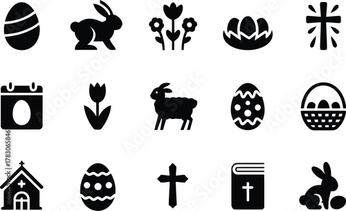 Black Easter Icons Set Featuring Egg, Rabbit, Flowers, Lamb, Church and Christian Symbols