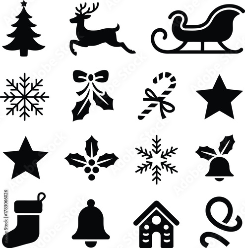 Black Silhouette Christmas Icon Set Tree, Reindeer, Sleigh, Snowflake, Stocking, Candy Cane