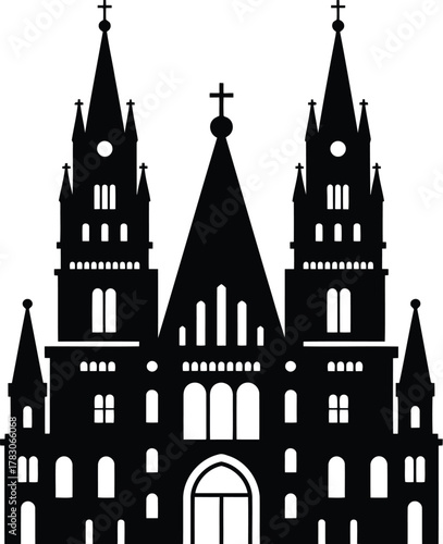 Black Silhouette Illustration of a Gothic Cathedral with Towers and Crosses on Top