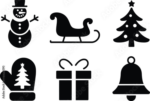 Black Silhouette Illustrations Featuring Christmas Tree, Gift, Sleigh, Snowman, Glove, and Bell Icons