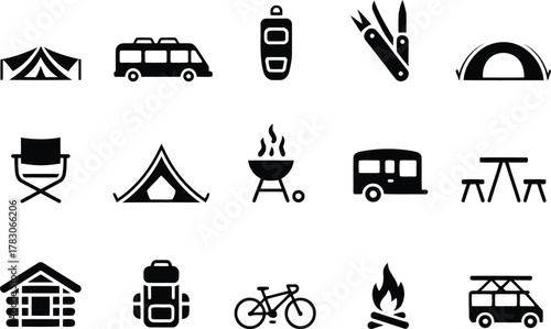 Camping and Outdoor Activity Icons Tents, Campers, Backpacks, and Picnic Tables Silhouettes