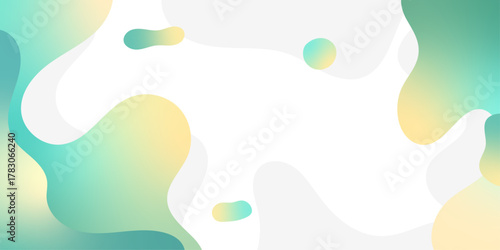 Abstract flowing shapes in shades of green and yellow create a dynamic background. The fluid forms overlap, creating depth and a sense of movement.