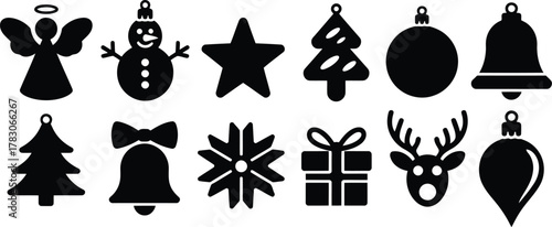 Collection of Black and White Christmas Ornaments with Angel, Snowman, Star, Tree, Gift and Reindeer
