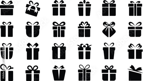 Collection of Black Gift Box Icons with Bows on White Background Celebratory Presents