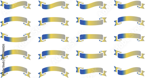 Collection of blue and gold gradient ribbons and banners set