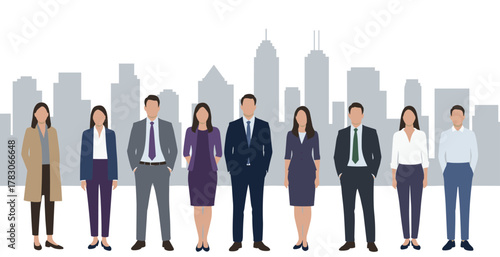Business team illustration with city background, corporate professionals standing, diverse office attire characters, urban skyline backdrop, modern employee silhouettes, teamwork, vector graphic art