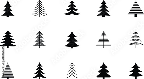 Collection of Fifteen Unique Black and White Christmas Tree Illustrations on a White Background