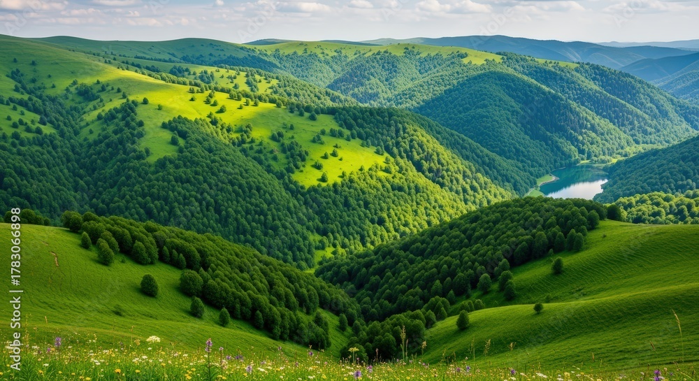 Obraz premium Lush Green Rolling Hills and Valley with a Distant Blue Lake Under a Partly Cloudy Sky
