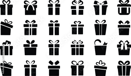 Diverse Collection of Black Silhouette Gift Boxes with Decorative Ribbons and Bows on White