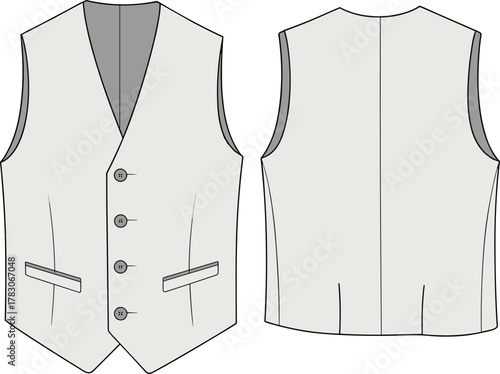 Men's tailored waistcoat technical flat sketch, cad drawing vector illustration, front and back view for fashion design presentation