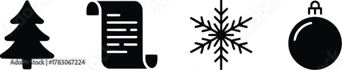 Minimalist Black Icons Featuring Christmas Tree, List, Snowflake, and Ornament Isolated on White