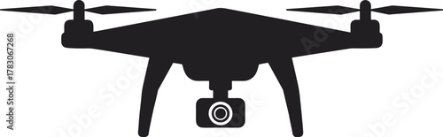 Quadcopter drone silhouette with camera, aerial photography concept, modern UAV design, surveillance technology, cad drawing flat vector illustration
