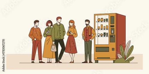Diverse group of young adults and colleagues gather near a modern automated vending machine, anticipating quick snacks and refreshing beverages during a work break or social outing