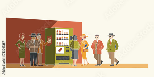 People Gather Around a Vending Machine A Vintage Illustration Depicting Everyday Life