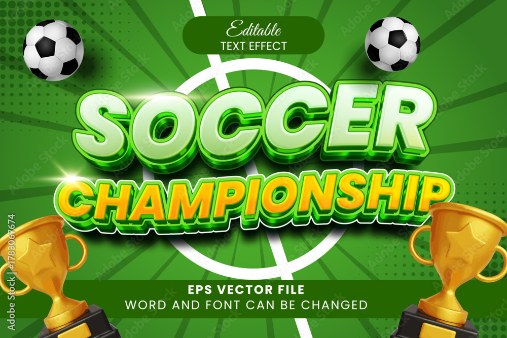 Fototapeta premium Soccer championship 3d editable vector text effect. Football league text style