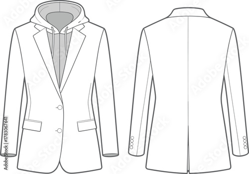 Menswear fashion sketch with blazer hoodie combo, technical flat drawing, modern smart casual outfit design front and back view