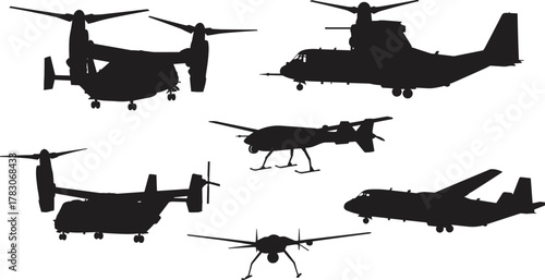 Military aircraft silhouettes vector collection, drones, tiltrotor planes, helicopters, unmanned aerial vehicles, aviation icons for design and technology projects