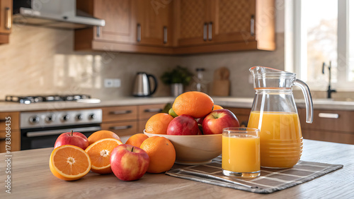 Fresh orange juice and fruits on the kitchen counter in the morning time