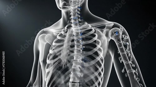 A digital rendering showcasing a transparent human skeletal structure, lit against a dark backdrop