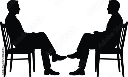 Two people seated facing each other, silhouette conversation scene, interpersonal communication concept, cad drawing flat vector illustration