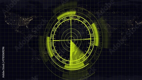 Animated Radar Display with Sweeping Beam Over World Map at Night screen earth. High-tech radar interface showing dynamic sweeping beam across Earth at night for digital design.