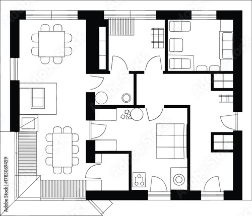Modern apartment interior floor plan, detailed architectural layout design, black and white blueprint for residential home with dining and living areas.