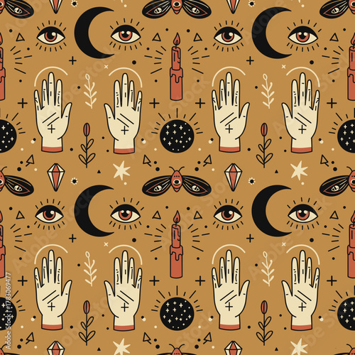 Mystical Esoteric Hand and Eye SVG Seamless Vector Pattern: Occult Bohemian Design with Celestial Symbols, Moth, and Candle for Spiritual Decor and Witchy Digital Backgrounds