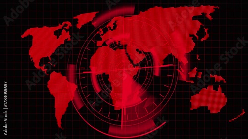Digital world map with red dots and circular radar sweep over dark grid background for tech design. Red Dotted World Map with Circular Radar Overlay on Dark Grid Background earth dots.