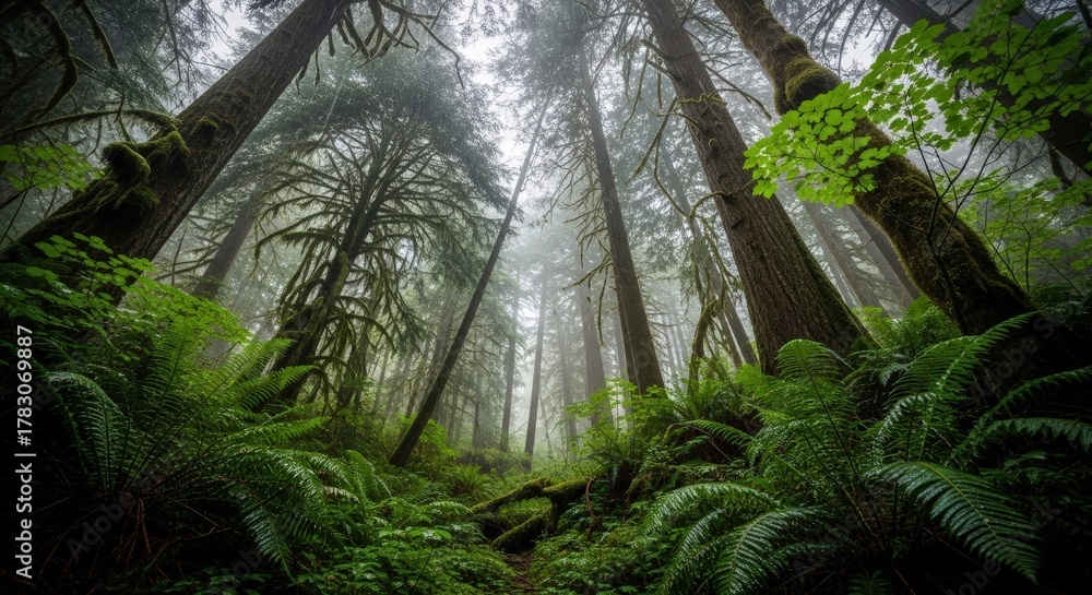 Fototapeta premium Misty Forest Canopy Lush Green Ferns and Towering Trees on a Foggy Day