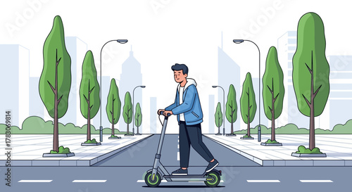Man riding electric scooter on city street offers eco-friendly and modern transportation alternative perfect for sustainable urban living and commute solutions