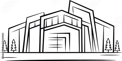 Modern architectural building illustration, geometric design, urban structure outline, vector art, commercial construction, black and white drawing, contemporary architecture design