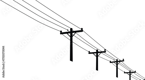 Utility poles, power lines, electrical infrastructure, perspective view, energy grid, silhouette design, vanishing point, urban network, minimal art, black and white