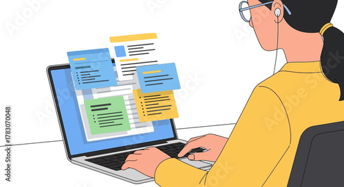 Focused professional working on a laptop with multiple documents, streamlining workflow and boosting productivity, managing projects efficiently, modern workspace