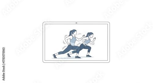 Stay Active with Virtual Workouts: Animated Women Exercising on Tablet Screen for Fitness Apps and Online Training Programs, Health and Wellness Focus