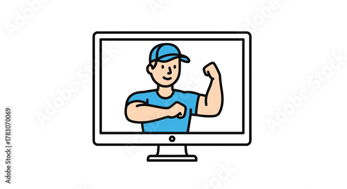 Empowering online fitness coach delivering virtual workout motivation from computer screen, showing strong biceps, promoting health and wellness guidance