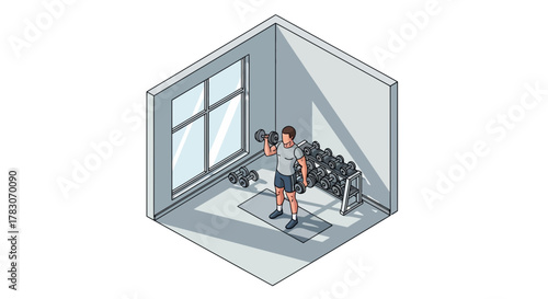 Isometric view of a man lifting weights in a home gym, showcasing fitness and healthy lifestyle, perfect for promoting exercise and wellness programs