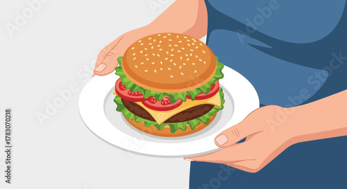 Delicious juicy hamburger with fresh lettuce tomato and cheese presented on a white plate by hands ready to enjoy