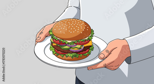 Juicy double cheeseburger stacked high with fresh toppings served on a pristine white plate, ready to satisfy your hunger and delight your taste buds.