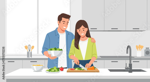 Joyful couple preparing a healthy salad together in a bright, modern kitchen, celebrating shared moments and wholesome living