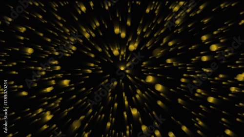 Abstract animation of glowing yellow particles shooting outward with zoom motion on dark backdrop. Yellow Particles Streaking Outwards on a Black Background with Zoom Effect abstract.