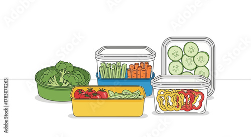 Freshly prepared colorful vegetables ready for healthy snacking or meal prep, showcasing vibrant produce in convenient containers for easy storage and access.