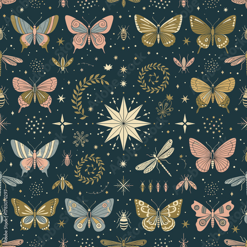 Mystical Moth and Butterfly Garden SVG Seamless Pattern with Cosmic Starburst and Insects - Dark Night Sky Repeat Vector Graphic for Bohemian and Celestial Decor