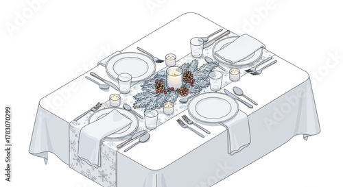 Elegant winter holiday table setting with festive centerpiece and glowing candles creates a warm, inviting atmosphere for celebrations.