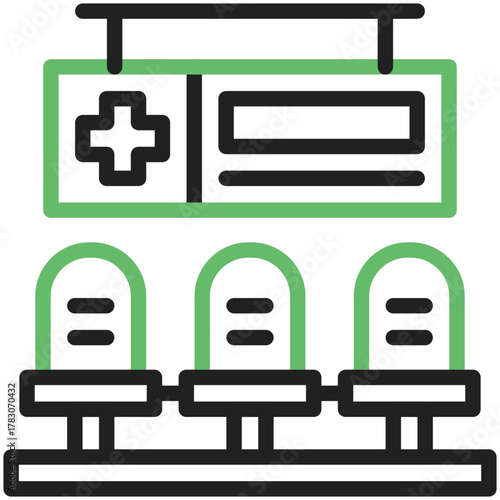 Waiting Room Icon: A minimalistic illustration depicts a waiting room, showcasing chairs lined up beneath a sign. This image encapsulates the essence of patient care.