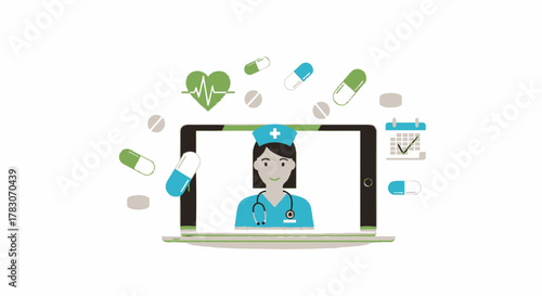 Telehealth nurse consultation on tablet with pills and heart monitor icons surrounding a calendar appointment
