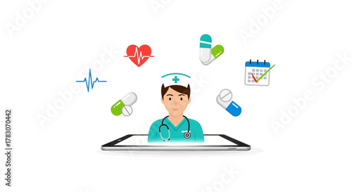 Caring healthcare professional offers vital medical services through innovative digital platform connecting patients with health solutions
