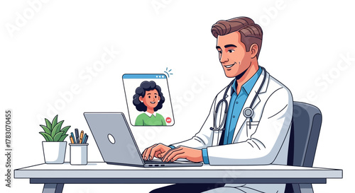 Smiling doctor connects with patient virtually on laptop, providing modern telehealth healthcare services from his office desk.