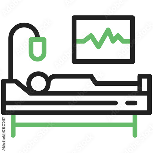 Medical Treatment Illustration: a simplified illustration of a patient lying on a bed while monitor the heartbeat rhythm. A visual representation of healthcare, life support, and patient care.