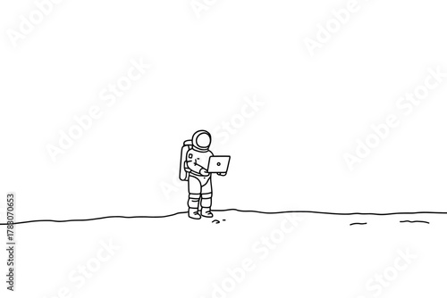 An astronaut stands on a desolate surface, engrossed in a laptop, a scene of modern exploration and isolation.