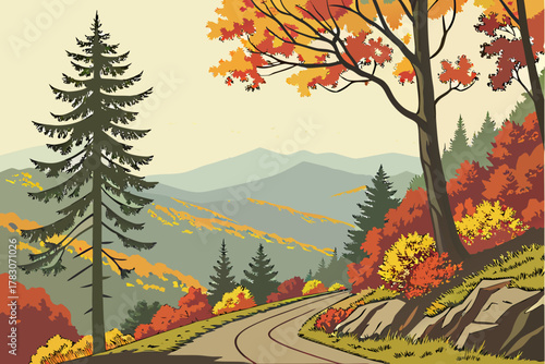 “Blue Ridge Parkway scenic overlook, fall foliage vector”